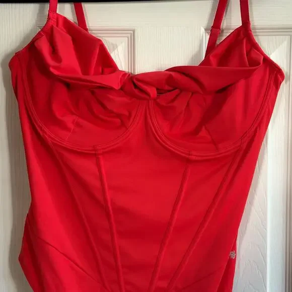 Popilush Red Cowl Neck Corset Bodysuit Small Sculpting Shapewear Glam Coquette - Picture 3 of 7